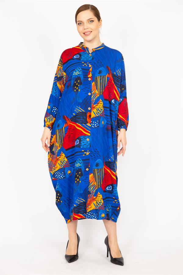 Kadın Fujya Büyük Beden Dokuma Viskon Kumaş Ön Boy Düğmeli Elbise