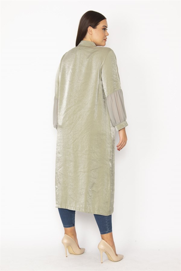 Kadın Siyah Simli Kumaş Kol Ağzı Şifon Detaylı Hakim Yaka Ön Düğmeli Uzun Kap 65N28483