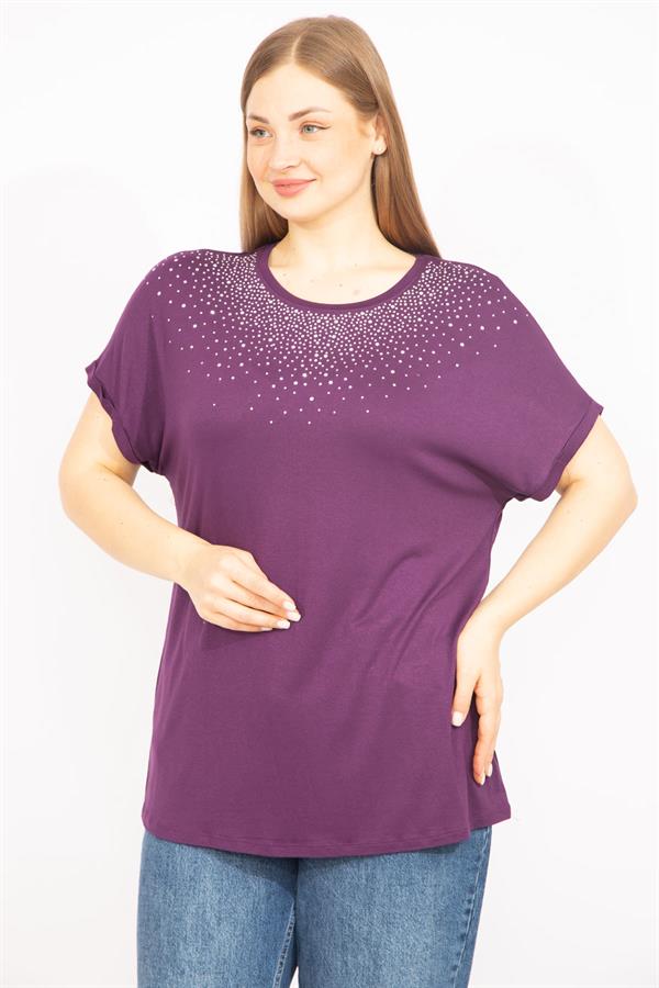 Kadın Mürdüm Büyük Beden Taş Detaylı Düşük Kol Bluz 65N35636