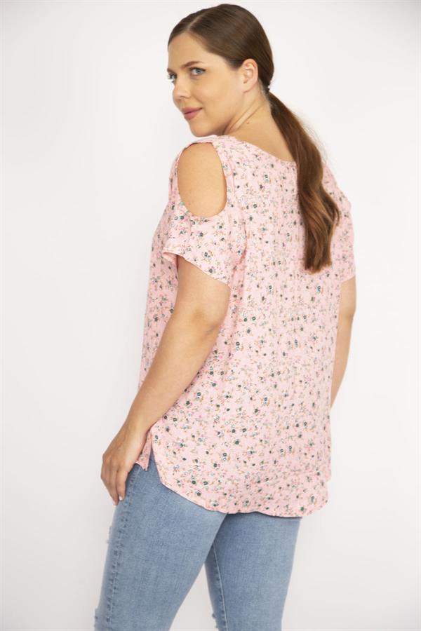 Kadın Pembe Büyük Beden Dokuma Viskon Kumaş Omuz Dekolteli Çiçek Desenli Bluz