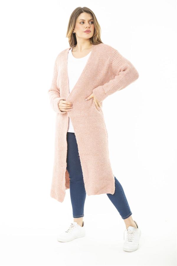 Kadın Büyük Beden Pembe Yırtmaçlı Kalın Triko Uzun Hırka 65N37139