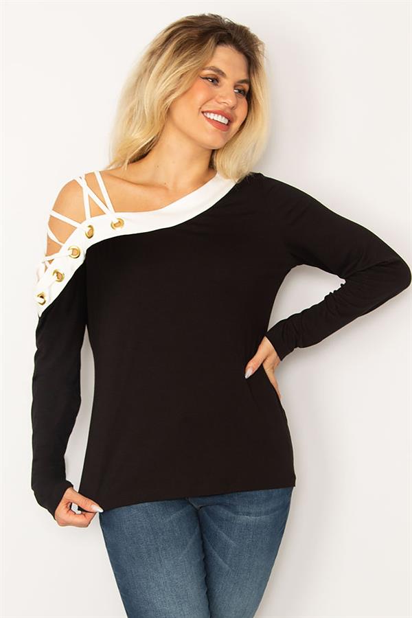 BLOUSE BICOLORE NOIRE POUR FEMME AVEC DÉTAILS ŒILLETS