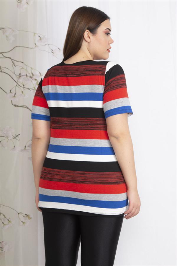 Kadın Büyük Beden Renkli Kısa Kollu Triko Dokuma Çizgili Bluz 65N36838