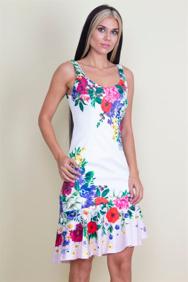 TAŞ DETAYLI ÇİÇEK DESENLİ ELBİSE