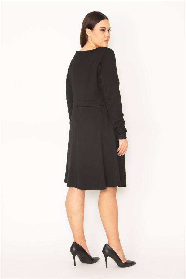 Kadın Siyah Büyük Beden Ön Fermuarlı Bel Bantlı Elbise 65N35673