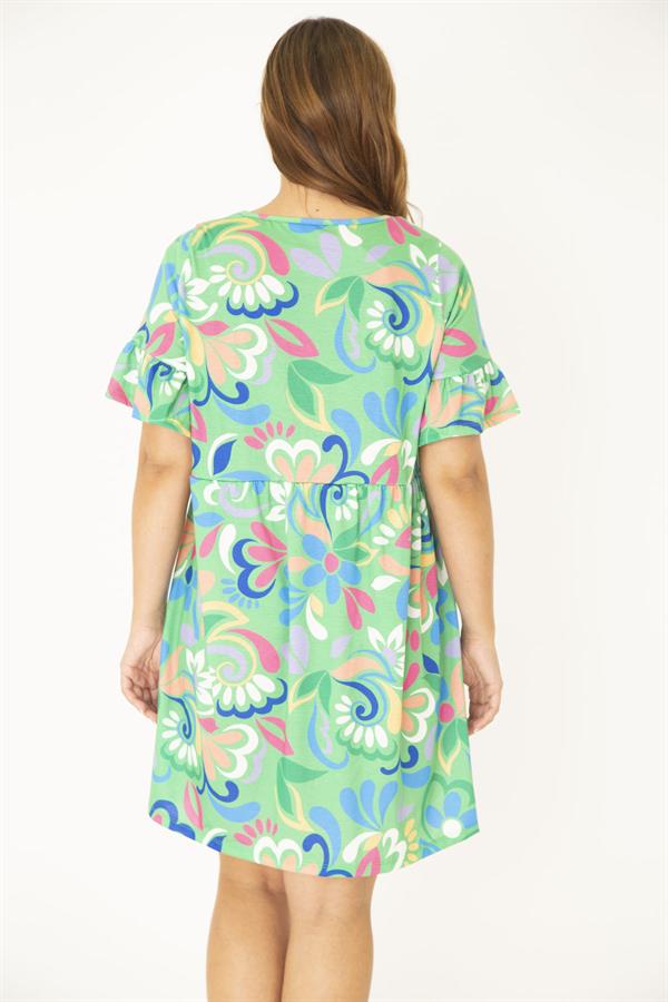 Kadın Büyük Beden Yeşil Bisiklet Yakalı Belden Büzgü Ve Kolları Volan Detaylı Tunik Elbise 65N36881