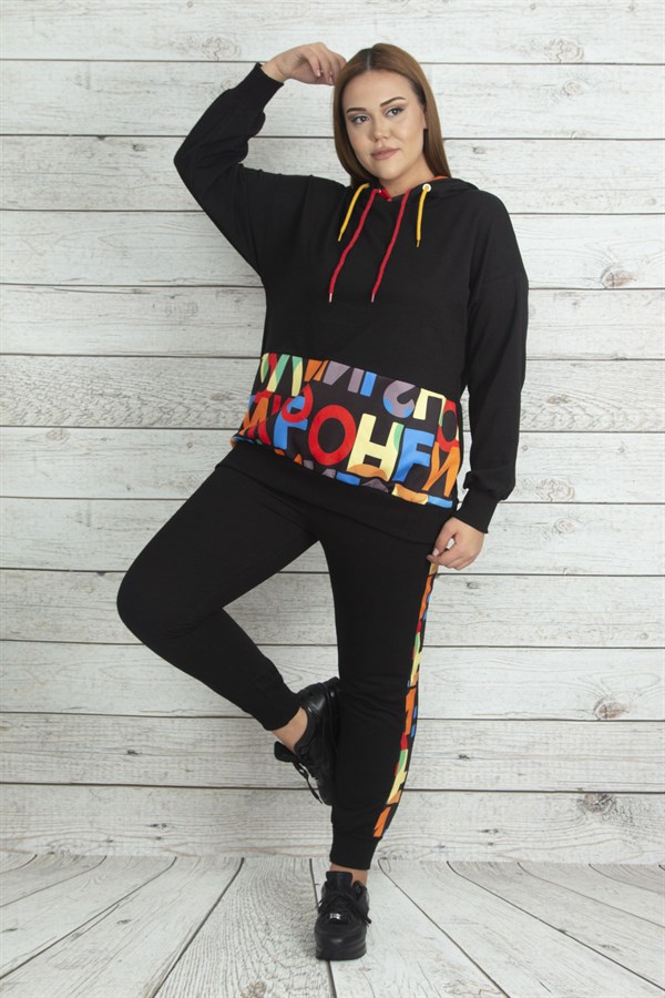 Kadın Saks Kapşonlu Fermuar Ve Baskı Detaylı Kuşgözlü Sweatshirt Pantolon Takım 65N19562