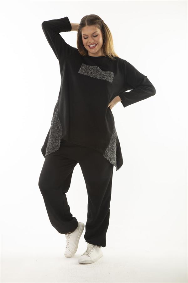 Kadın Büyük Beden Siyah Sim Detaylı Sweatshirt Pantolon İkili Takım 65N37054