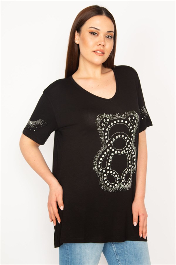 KADIN SİYAH TAŞ DETAYLI BLUZ