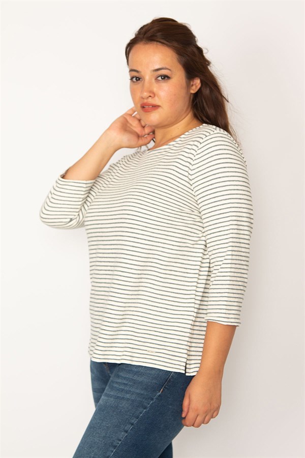 WOMEN'S COLORFUL CREW-NECK CAPRI SLEEVE STRIPED BLOUSE