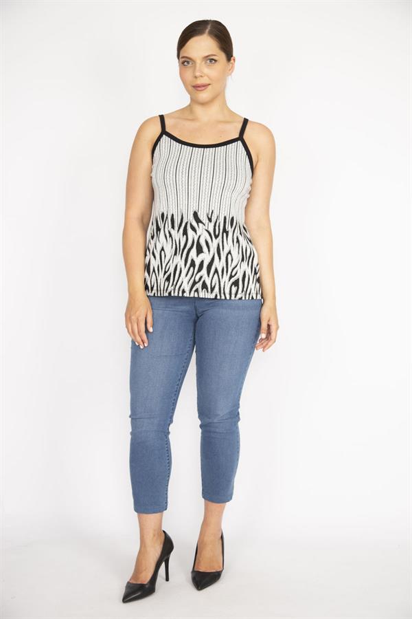 Kadın Gri Büyük Beden Sim Detaylı Askılı Bluz