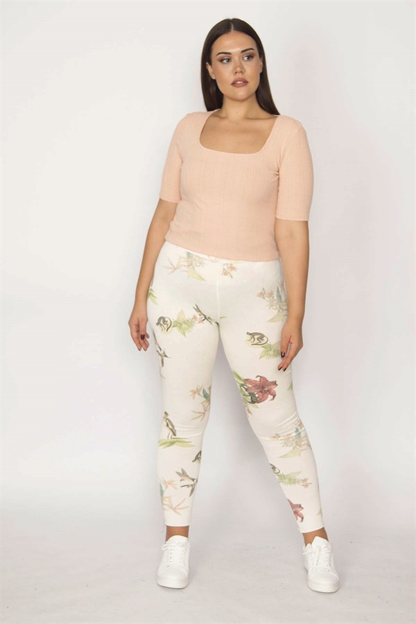 Kadın Bej Pamuklu Kumaş Desenli Tayt Pantolon 65N29873
