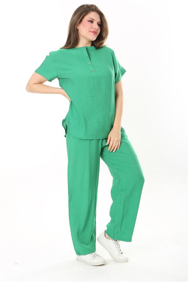 Kadın Büyük Beden Nar Ön Pat Düğmeli Tunik Ve Pantolon İkili Takım 65N37879