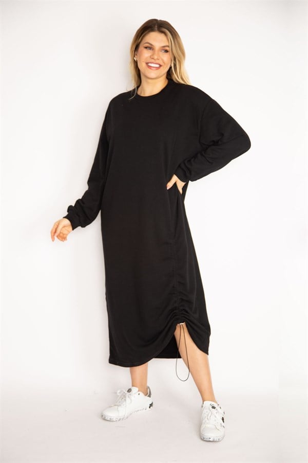 Kadın Siyah Büzgü Detaylı Sweatshirt Elbise 65N35043
