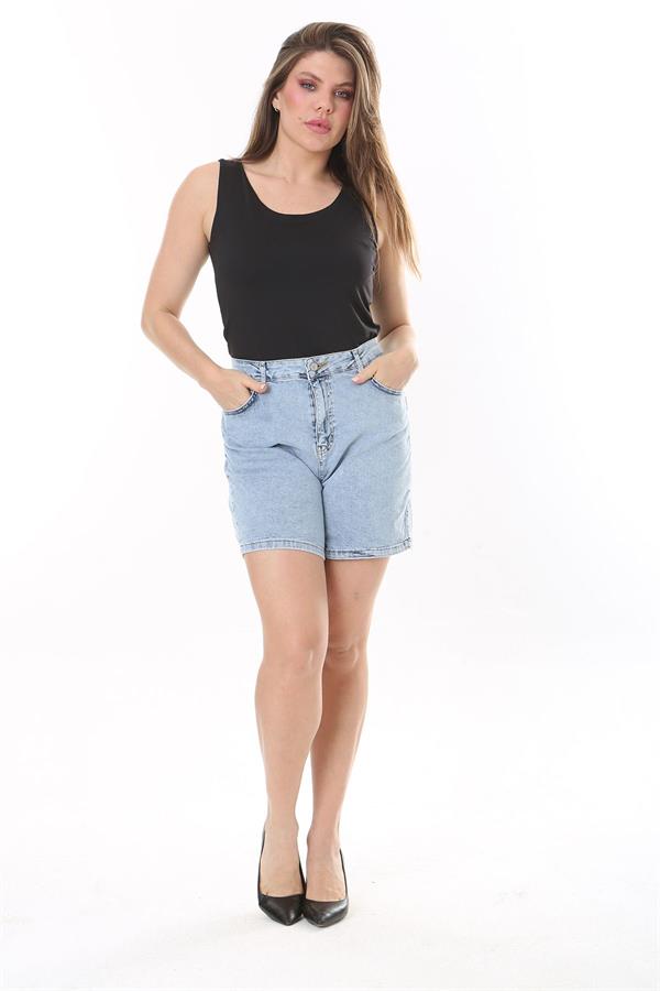 Kadın Büyük Beden Mavi Yıkama Efektli 5 Cepli Kot Şort 65N37823