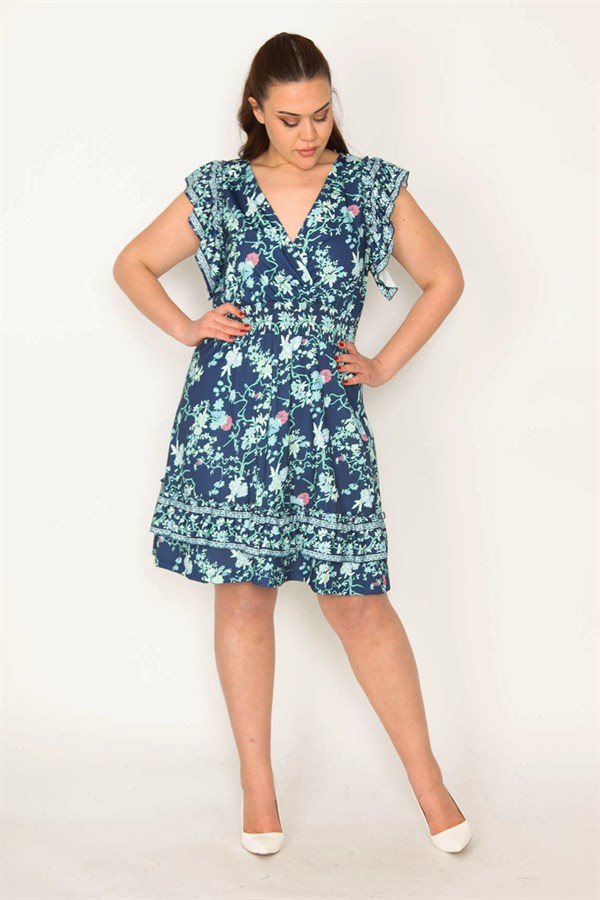 KADIN LACİVERT ANVELOP YAKALI BELİ LASTİK VE ETEK UCU KATLI ELBİSE