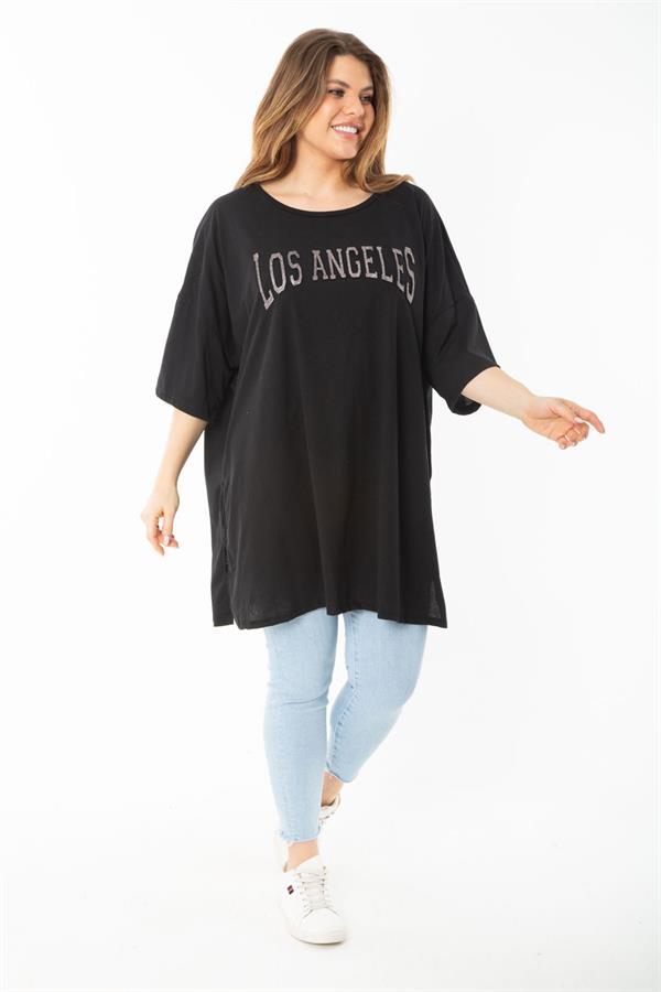 Kadın Büyük Beden Siyah Sim Detaylı Yan Yırtmaçlı Bluz 65N37452