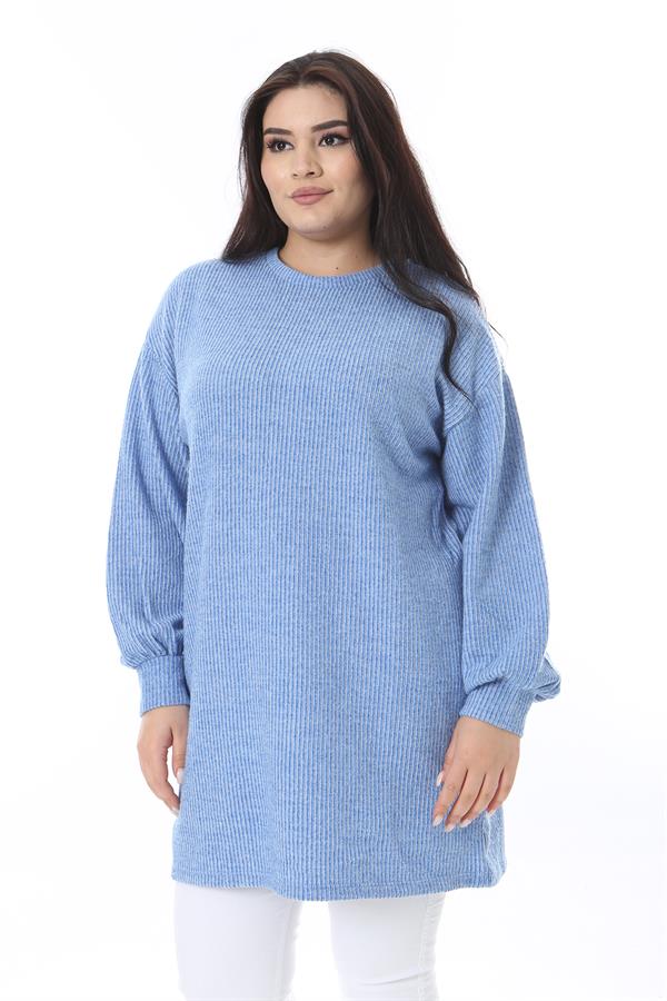 Kadın Büyük Beden Mavi Kendinden Çizgili Uzun Tunik 65N38532