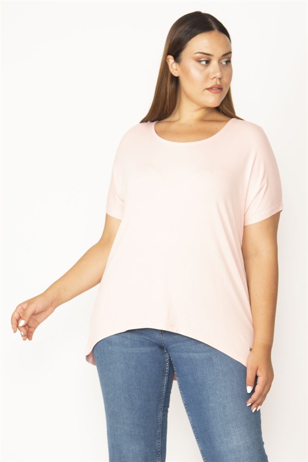 Kadın Pembe Bisiklet Yakalı Arkası Uzun Kısa Kollu Viskpn Bluz 65N27529