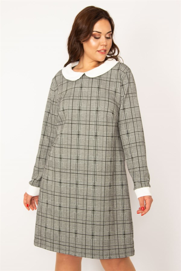 KADIN GRİ BEBE YAKA EKOSE DESENLİ ELBİSE