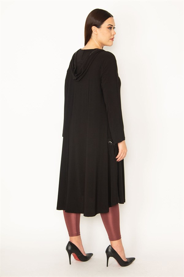 Kadın Siyah Sandy Kumaş Payet Detaylı Ön Düğmeli Kapşonlu Kap 65N31703