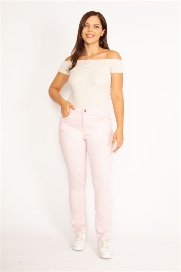Kadın Pembe Likralı Gabardin Kumaş Yan Kemer Lastikli 5 Cepli Pantolon 65N34542