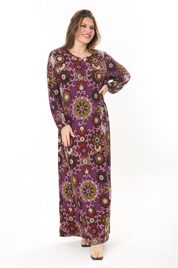 Kadın Büyük Beden Kahve Yaka Bağcıklı Uzun Kollu Maksi Boy Elbise 65N37866