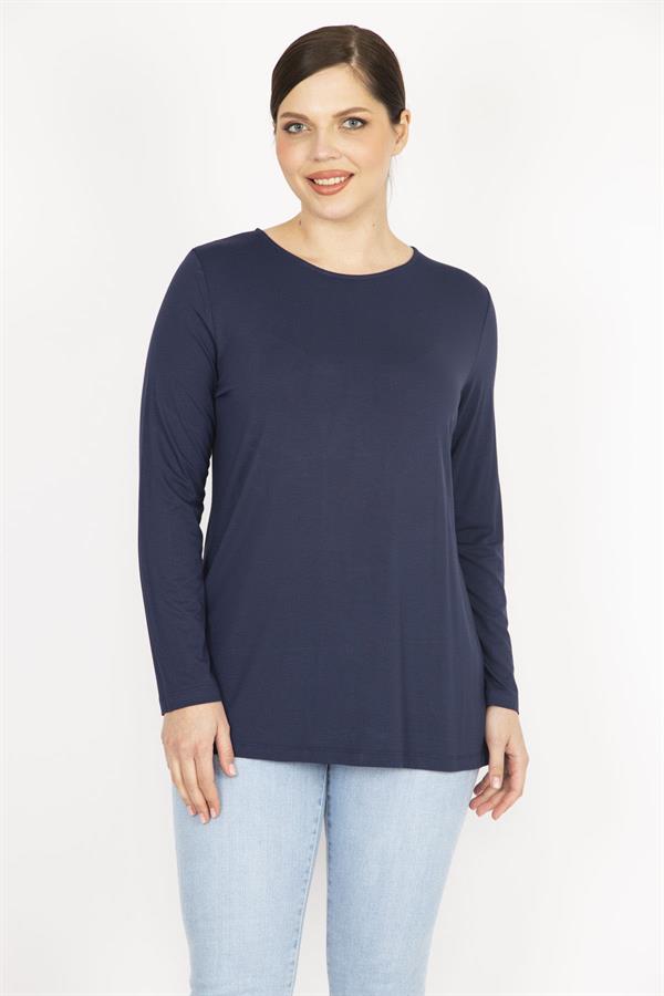 Kadın Lacivert Büyük Beden Bisiklet Yakalı Arka Fermuar Detaylı Bluz