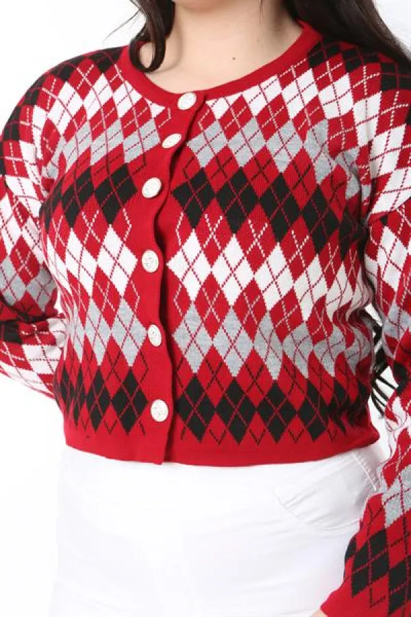 Kadın Büyük Beden Kırmızı Baklava Desen Ön Düğmeli Triko Hırka 65N38863