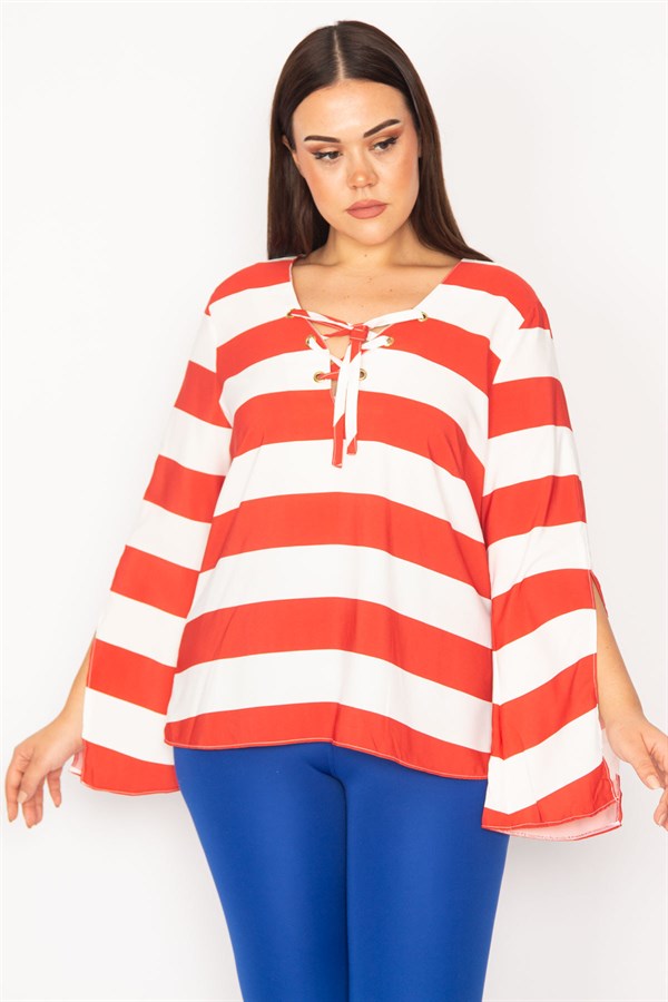 Kadın Kırmızı Yakası Kuşgözlü Bağcık Detaylı Kol Yırtmaçlı Çizgili Bluz 65N30165
