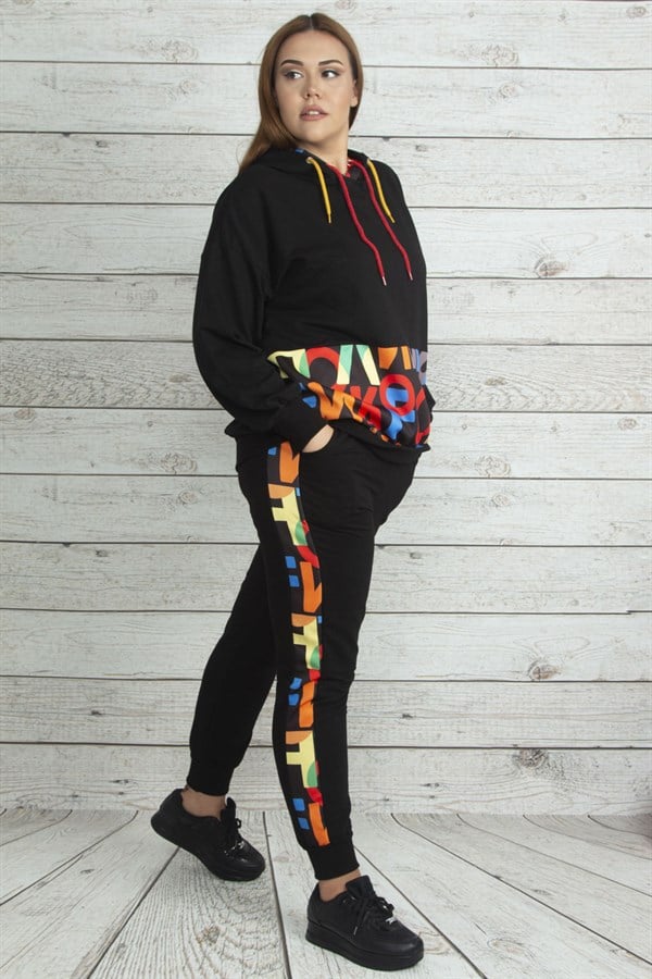 Kadın Saks Kapşonlu Fermuar Ve Baskı Detaylı Kuşgözlü Sweatshirt Pantolon Takım 65N19562