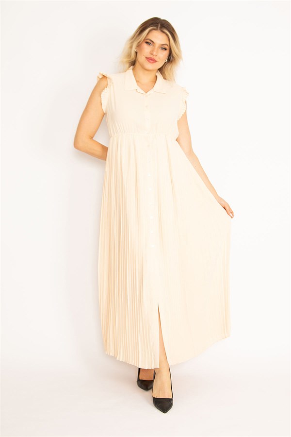 KADIN PUDRA  ETEĞİ VE KOL AĞZI PİLİSE DETAYLI ÖN DÜĞMELİ ELBİSE