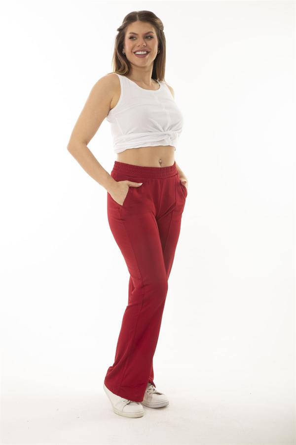 Kadın Büyük Beden Bordo Yan Cepli Beli Lastikli Geniş Paçalı Eşofman Alt 65N37055