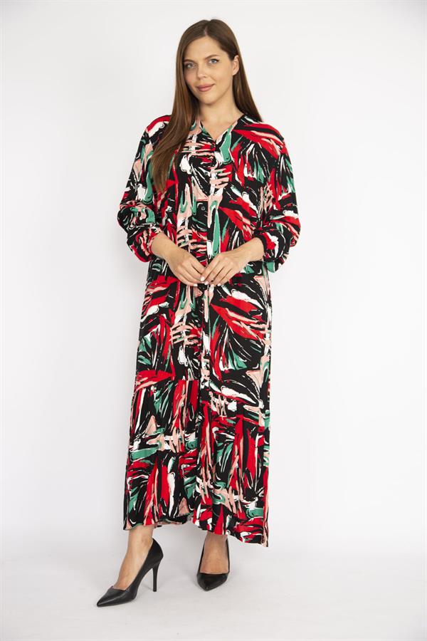 Kadın Renkli Büyük Beden Dokuma Viskon Kumaş Ön Düğmeli Etek Ucu Katlı Uzun Kollu Elbise