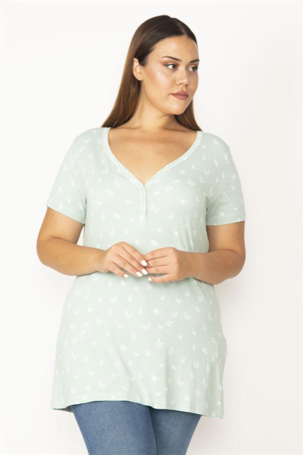 Kadın Yeşil Patı Düğmeli V Yakalı Kelebek Baskılı Bluz 65N28040