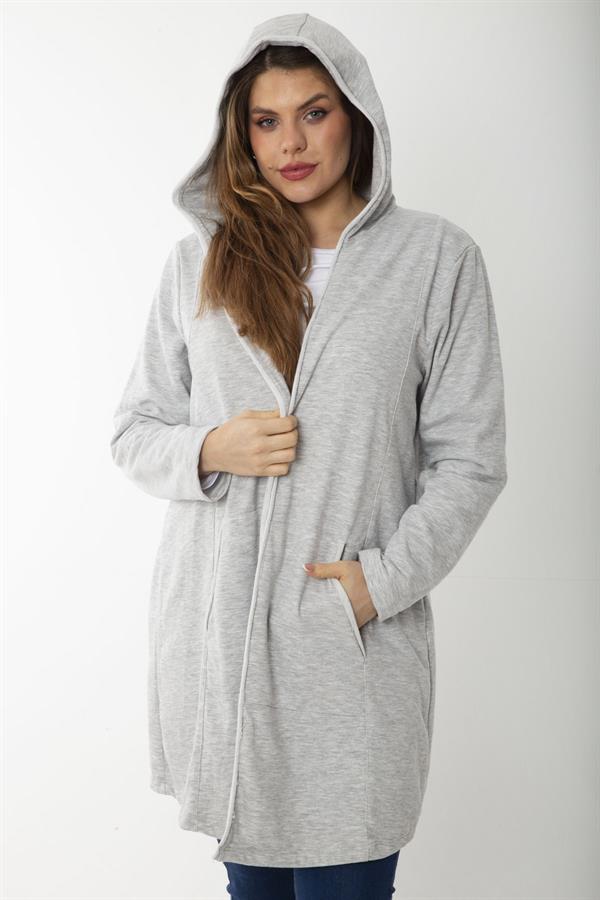 Kadın Büyük Beden Gri Kup Ve Vep Detaylı Kapşonlu Hırka 65N37183