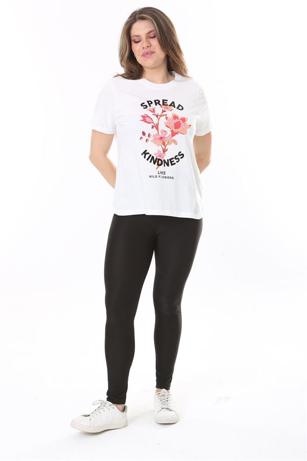 Kadın Büyük Beden Beyaz Pamuklu Kumaş Ön Baskılı Kısa Kollu Bluz 65N37854