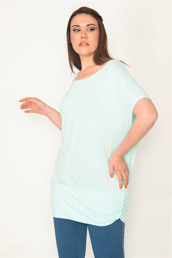 Kadın Camgöbeği Yeşil Bisiklet Yaka Etek Ucu Bantlı Düşük Kollu Tunik 65N32563