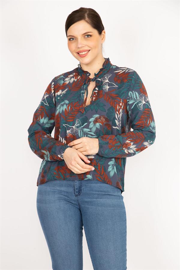 BLOUSE FEMME EN TISSU DE VISCOSE VERT À LACETS, COL EN V, 26A36832