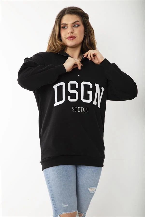 Kadın Büyük Beden Siyah İçi Şardonlu Ön Pat Fermuarlı Nakışlı Sweatshirt 65N37207