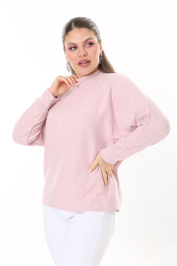 Kadın Büyük Beden Bebe Mavisi Yün Viskon Kumaş Yarasa Kollu Bluz 65N37703