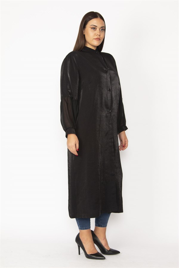 Kadın Siyah Simli Kumaş Kol Ağzı Şifon Detaylı Hakim Yaka Ön Düğmeli Uzun Kap 65N28483