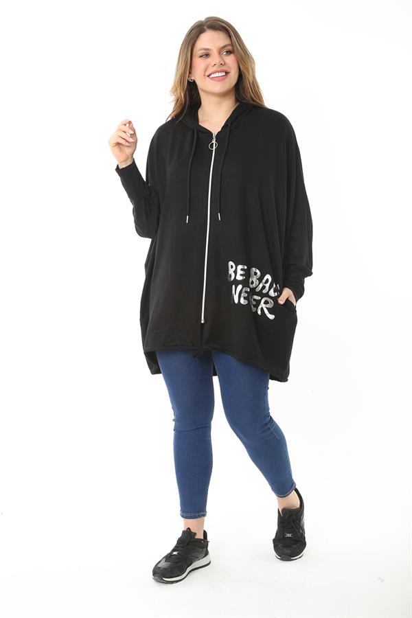 Women's Plus Size Black Front Lacquered Printed Hooded Casual Cut Sweatshirt 65N37118