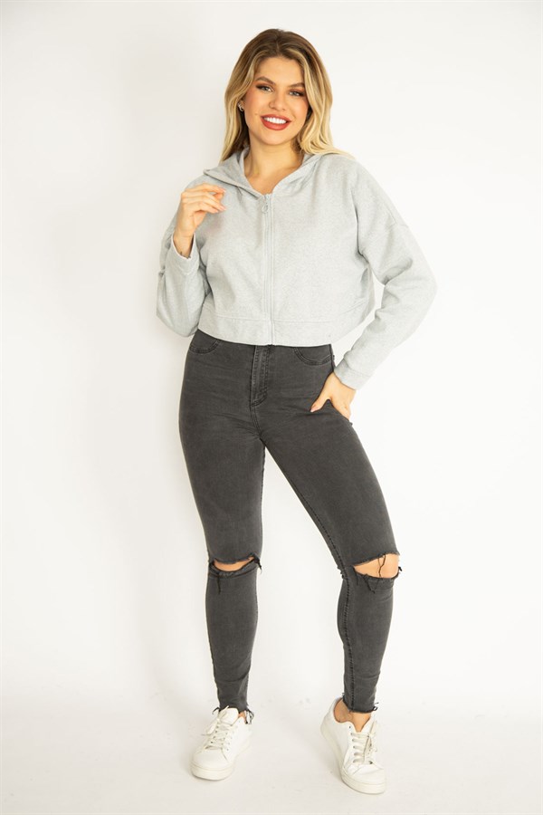 Kadın Gri İçi Şardonlu 2 İplik Kumaş Kapşonlu Sweatshirt 65N35076