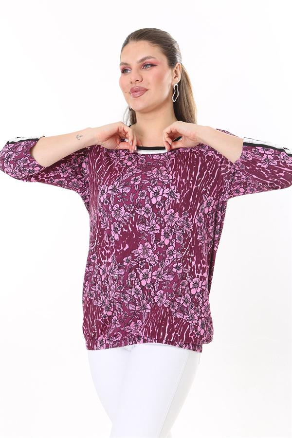 Kadın Büyük Beden Mürdüm Yaka Ve Kolları Sim Şerit Detaylı Uzun Kollu Bluz 65N37709