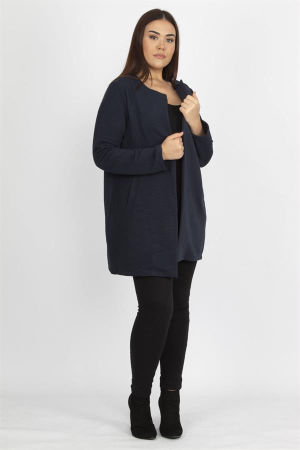 Kadin Lacivert Hakim Yaka Cep Detayli Astarsiz Ceket 65N14545