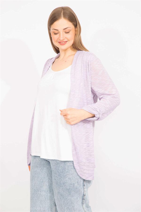 Kadın Lila Büyük Beden İkili Görünümlü Tek Parça Kol Detaylı Bluz 65N35575