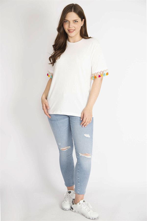 Kadın Kemik Büyük Beden Kolları Püskül Detaylı Bluz