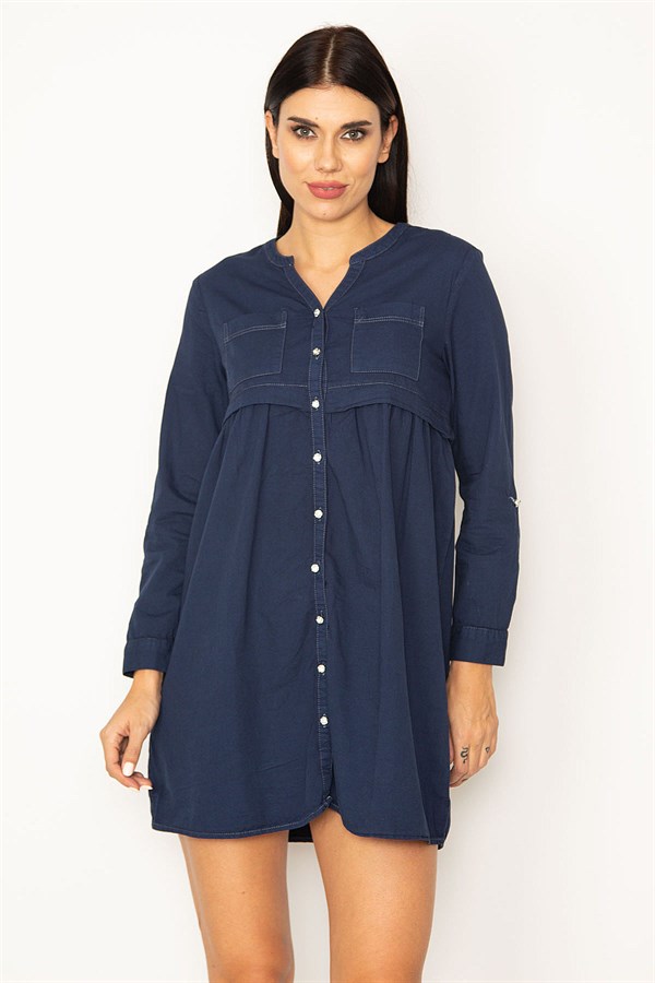 ROBE BLEU MARINE POUR FEMME AVEC POCHES ET PLIS À LA TAILLE
