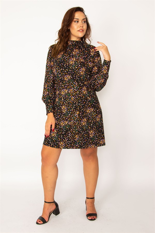 Kadın Renkli Beli Lastik Detaylı Uzun Kollu Elbise 65N34051